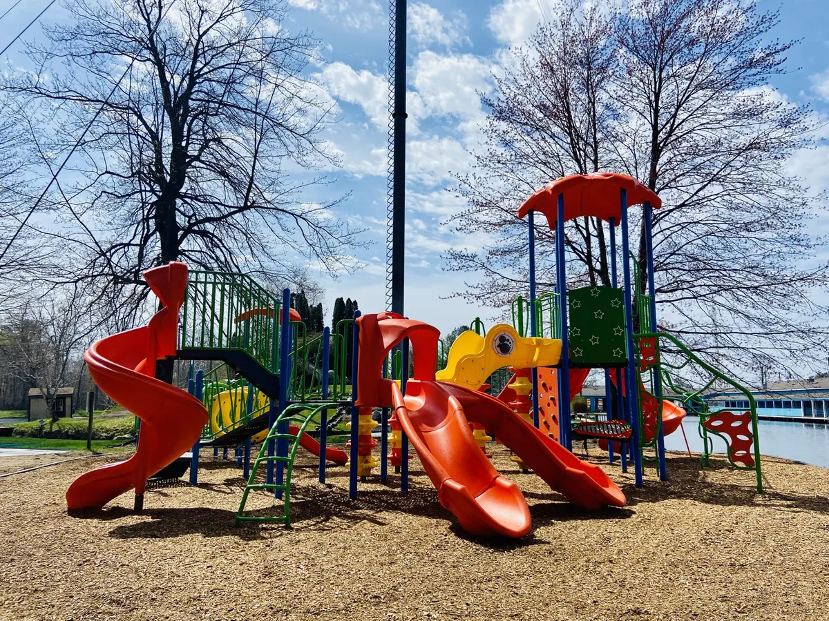 Red and blue playground with slides