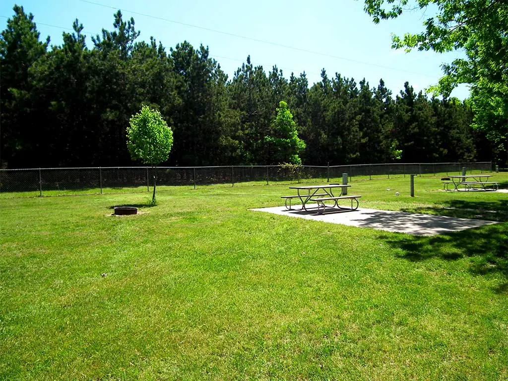 Open grassy premium campsites with picnic tables